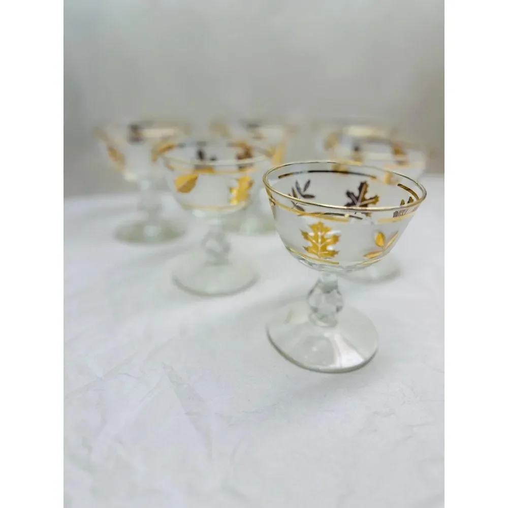 Vintage Libbey Gold Foliage Coupe Glasses Set 6
